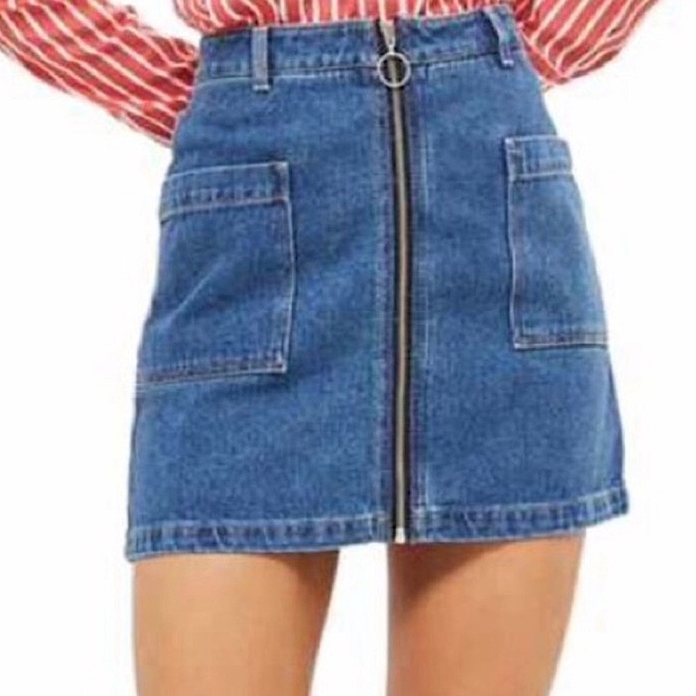 TOPSHOP Moto Zipper Denim Patch Pocket Mini Skirt - Picture 1 of 16
